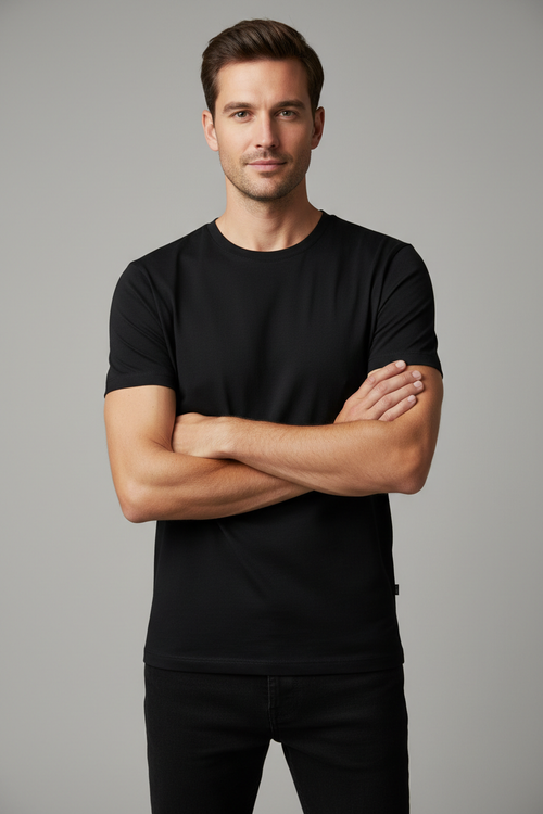 black supima cotton tshirt wear by men. men should be posing in the image and show the model with face and till his knee